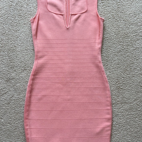 MARCIANO LA Salmon Pink BodyCon BANDAGE Short DRESS Sleeveless Square Neck Sz M - Picture 11 of 16